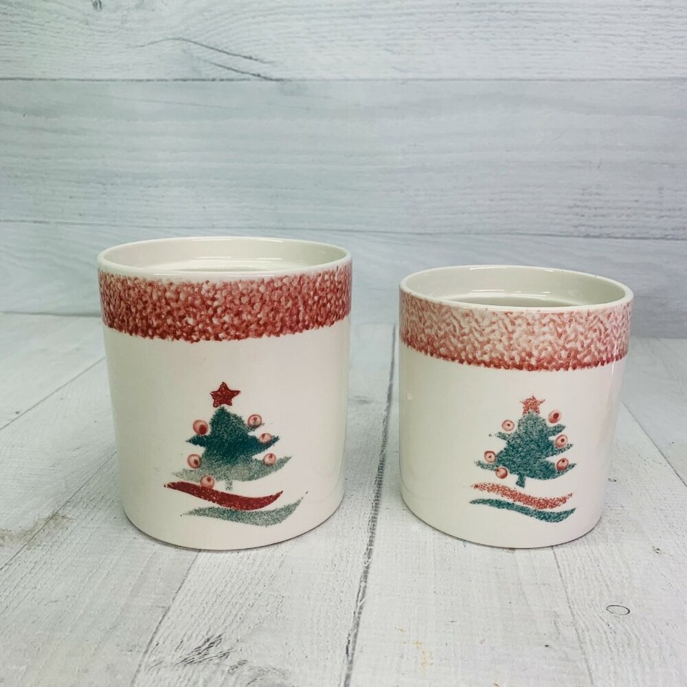 Gibson CHRISTMAS STAR Stoneware Red Green Sponged Tree Storage Container Set 2 - Picture 4 of 9
